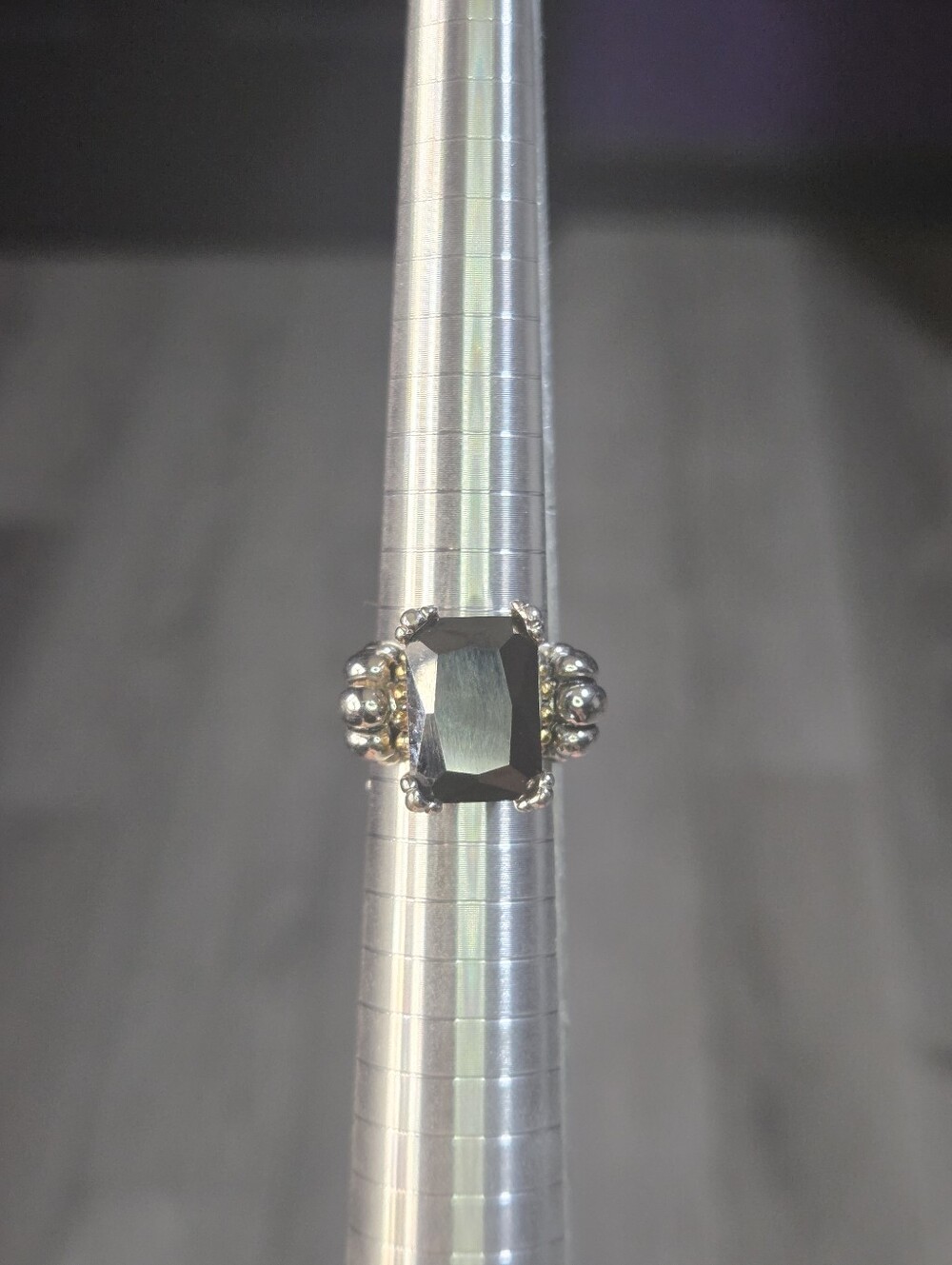 Black Onyx Silver Tone Ring Size 6 Emerald Cut Scalloped Cocktail Goth Artisan
